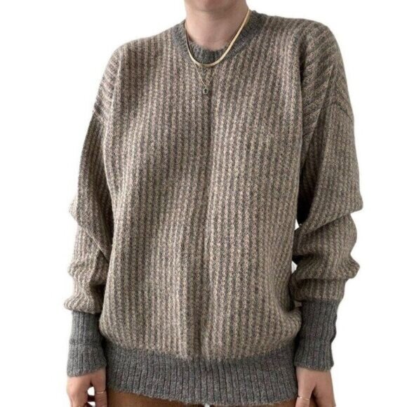 Vintage Jaeger 100% Alpaca Grey Tan Striped Soft Oversized Preppy Sweater Sz L - Picture 3 of 8